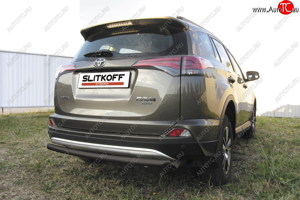 6 399 р. Защита заднего бампера Slitkoff (Ø57 мм, радиусная) Toyota RAV4 XA40 5 дв. рестайлинг (2015-2019) (Сталь с полимерным покрытием в цвет: черный)  с доставкой в г. Вологда