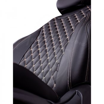 13 949 р. Чехлы для сидений Lord Autofashion Байрон (экокожа, 60/40, подлокотник, 3 Г-образных подголовника) Toyota RAV4 XA50 5 дв. дорестайлинг (2018-2025) (Черный, вставка черная, строчка бежевая)  с доставкой в г. Вологда. Увеличить фотографию 3