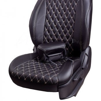 13 949 р. Чехлы для сидений Lord Autofashion Байрон (экокожа, 60/40, подлокотник, 3 Г-образных подголовника) Toyota RAV4 XA50 5 дв. дорестайлинг (2018-2025) (Черный, вставка черная, строчка бежевая)  с доставкой в г. Вологда. Увеличить фотографию 6