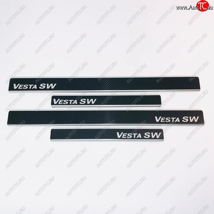 2 489 р. Накладки порожков салона INOX (SW)  Лада Веста  SW 2181 (2017-2025) универсал дорестайлинг, универсал рестайлинг (Нержавеющая сталь + карбон)  с доставкой в г. Вологда