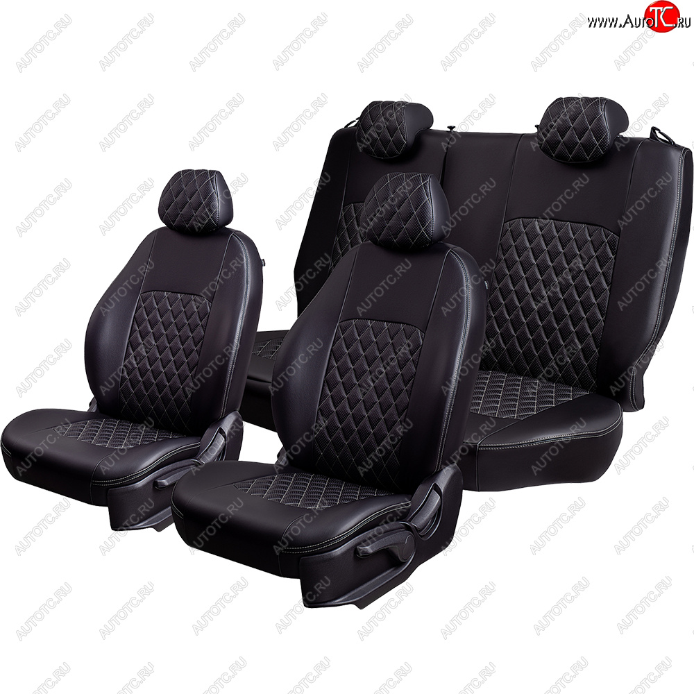 7 199 р. Чехлы для сидений Lord Autofashion Турин Ромб (экокожа, сплошная спинка, подлокотник, 2 П- и 1 Г-образных подголовника) Volkswagen Polo 5 хэтчбек рестайлинг (2015-2020) (Черный, вставка черная, строчка серая)  с доставкой в г. Вологда