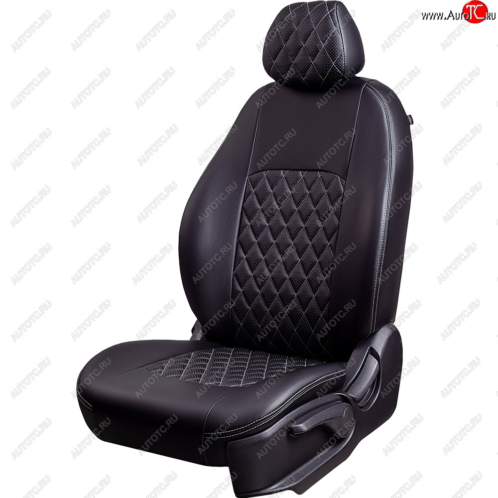 7 199 р. Чехлы для сидений Lord Autofashion Турин Ромб (экокожа, спинка и сиденье 60/40, 2 П- и 1 Г-образных подголовника) Volkswagen Polo 5 хэтчбек рестайлинг (2015-2020) (Черный, вставка черная, строчка серая)  с доставкой в г. Вологда