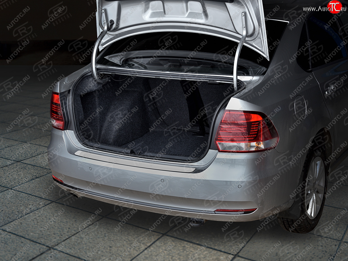 1 479 р. Защитная накладка заднего бампера Russtal Volkswagen Polo 5 седан рестайлинг (2015-2020) (Нержавейка полированная)  с доставкой в г. Вологда