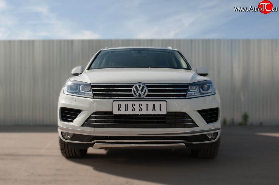 13 999 р. Защита переднего бампера (Ø75х42 мм, нержавейка) Russtal Volkswagen Touareg 2 NF рестайлинг (2014-2018)  с доставкой в г. Вологда
