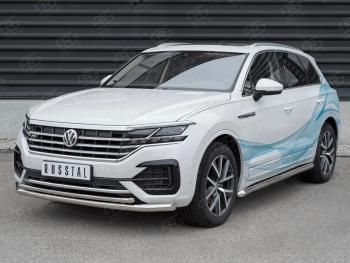 Защита переднего бампера (2 трубы Ø63 и 42 мм, нержавейка, NOT 2.0 TSI) SLITKOFF Volkswagen Touareg 3 CR дорестайлинг (2018-2022)