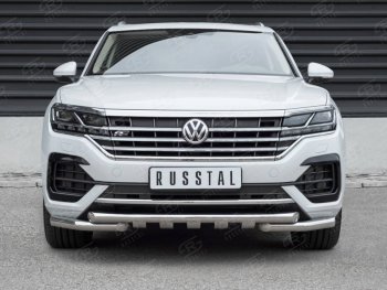 30 649 р. Защита переднего бампера (2 трубы Ø63 с клыками, нержавейка not 2.0 tsi) SLITKOFF Volkswagen Touareg 3 CR дорестайлинг (2018-2022)  с доставкой в г. Вологда. Увеличить фотографию 2