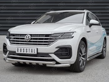 Защита переднего бампера (2 трубы Ø63 с клыками, нержавейка not 2.0 tsi) SLITKOFF Volkswagen Touareg 3 CR дорестайлинг (2018-2022)