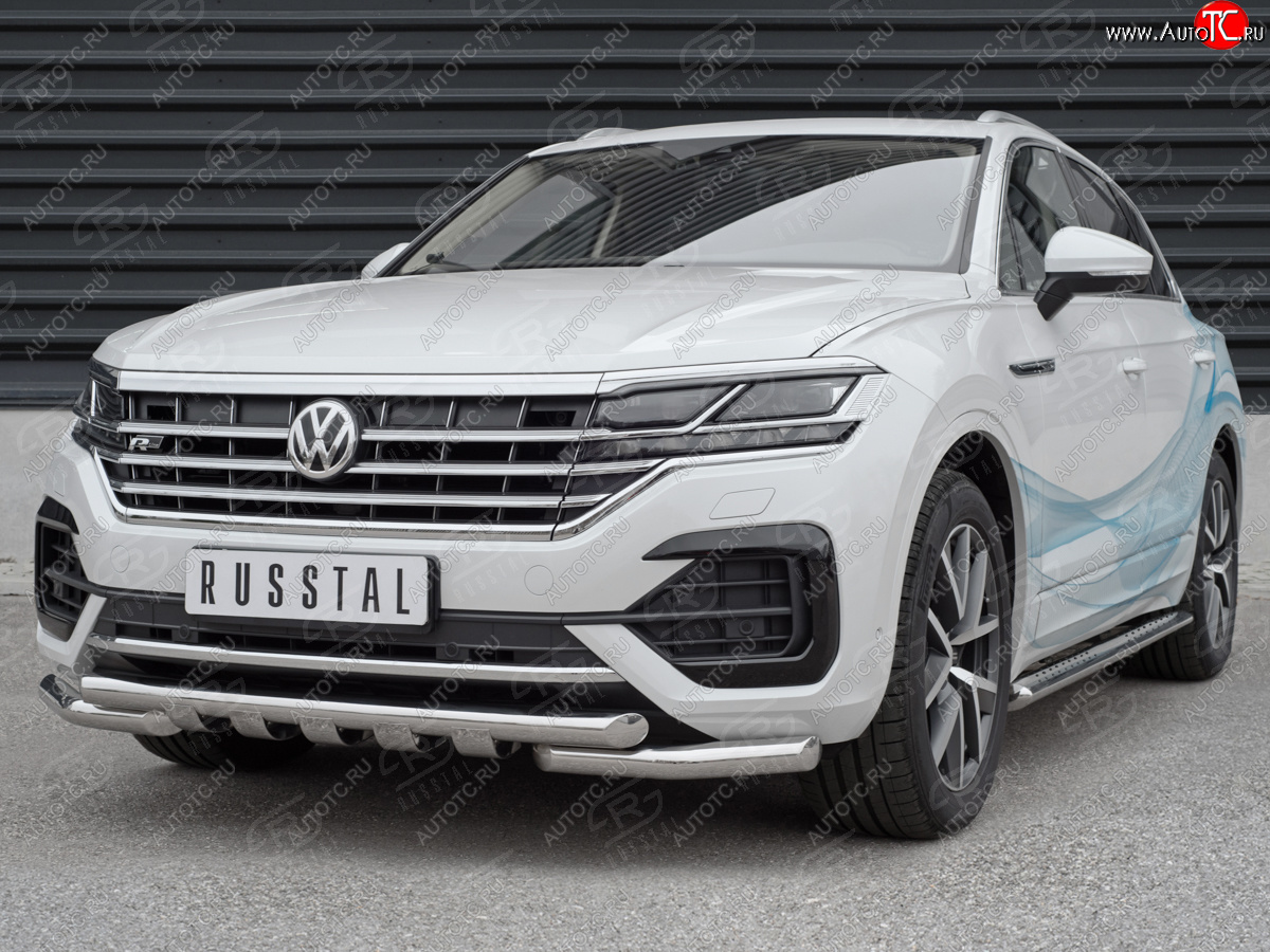 30 649 р. Защита переднего бампера (2 трубы Ø63 с клыками, нержавейка not 2.0 tsi) SLITKOFF Volkswagen Touareg 3 CR дорестайлинг (2018-2022)  с доставкой в г. Вологда