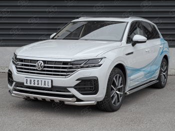 30 649 р. Защита переднего бампера (2 трубы Ø63 с клыками, нержавейка not 2.0 tsi) SLITKOFF Volkswagen Touareg 3 CR дорестайлинг (2018-2022)  с доставкой в г. Вологда. Увеличить фотографию 3