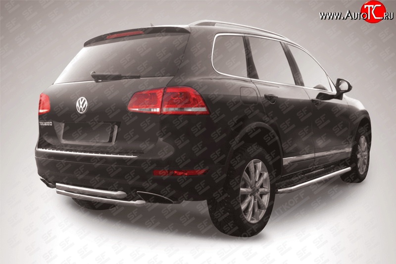 9 999 р. Двойная защита заднего бампера из труб диаметрами по 57 мм Slitkoff Volkswagen Touareg 2 NF дорестайлинг (2010-2014) (Цвет: нержавеющая полированная сталь)  с доставкой в г. Вологда