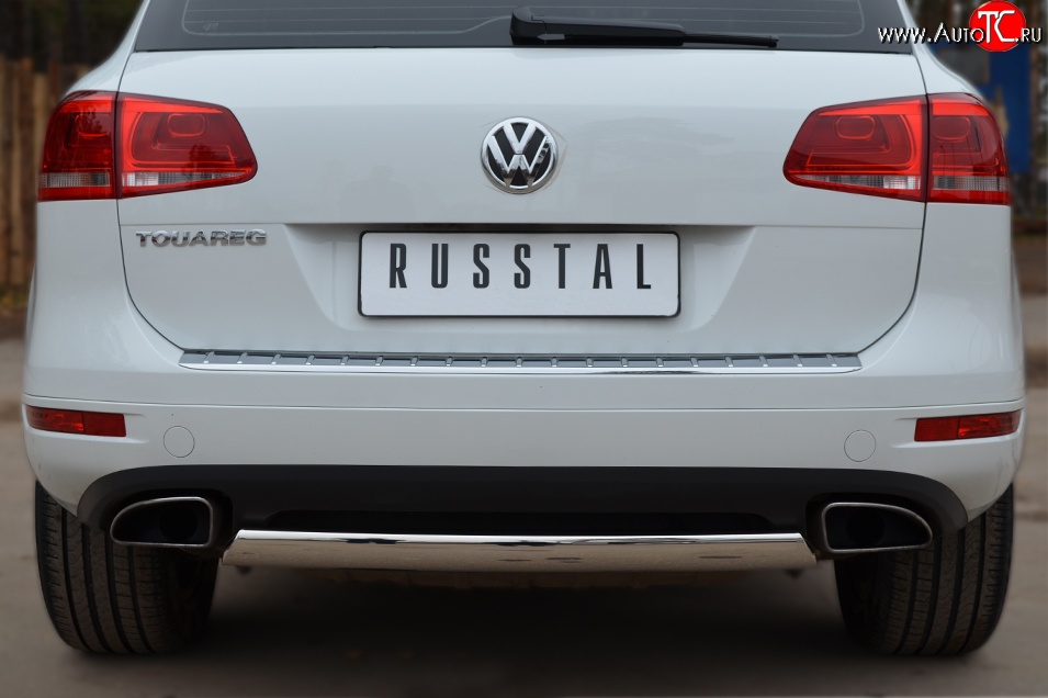 11 599 р. Защита заднего бампера (Ø75x42 мм, нержавейка) Russtal Volkswagen Touareg 2 NF дорестайлинг (2010-2014)  с доставкой в г. Вологда